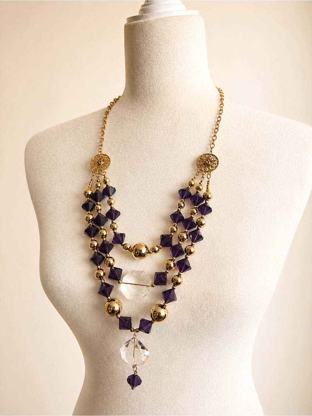 Gold and Purple Statement Layered Necklace - Picture 2 of 5